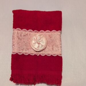 Vintage Cannon Red Cotton Hand Towel with Pink Lace Trim And Satin Rossette